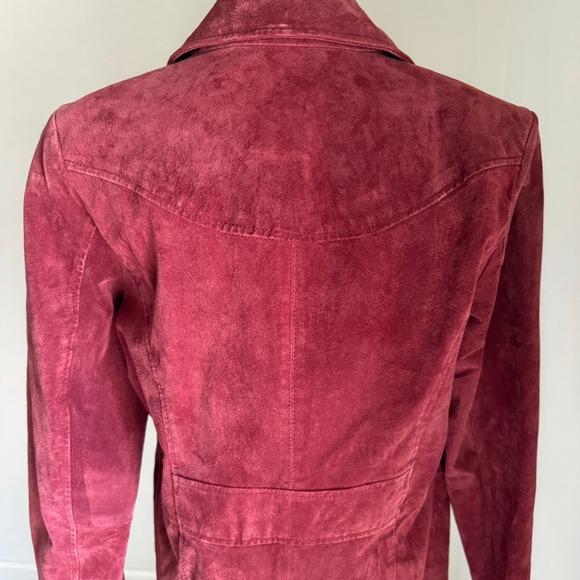 Burgundy 100% Leather Suede Trench Coat Jacket Small Denim & Co Academia Boho - Picture 9 of 16